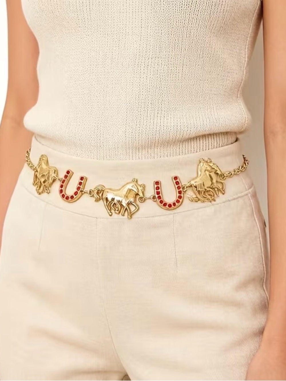 Western Belt Gold Horse & Red Horseshoe Chain Waist Belt